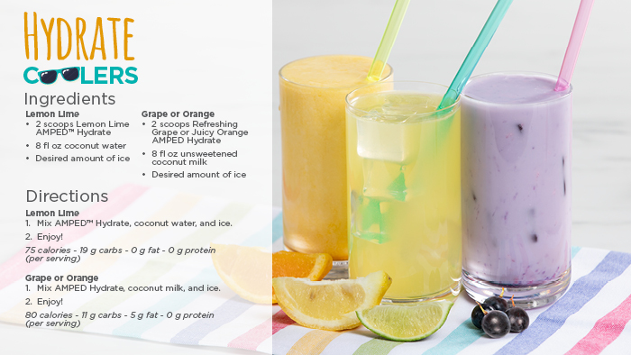 Hydrate Coolers recipe with ingredients and directions, featuring an image of three glasses of a Lemon Lime and Grape or Orange drink with their fruits on a blanket