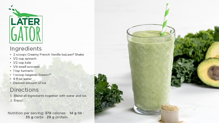 Later Gator recipe with the ingredients and directions, featuring a glass with a green shake concoction with avocado and kale on the side and a scooper with protein powder