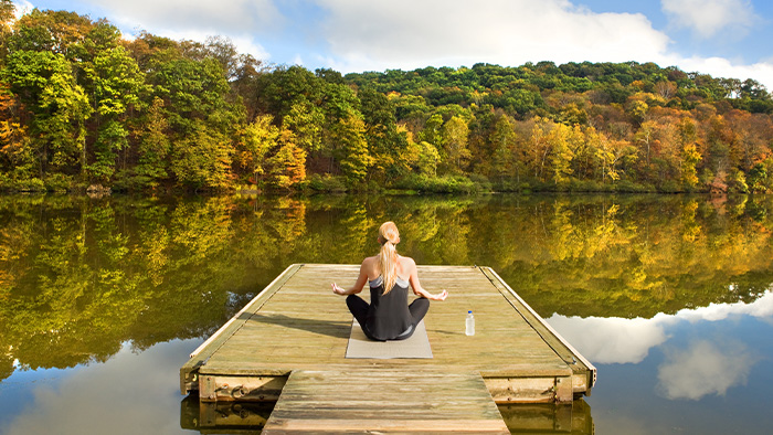 fall, woman doing yoga, lake