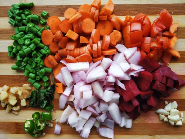 Chopped vegetables on a cutting board